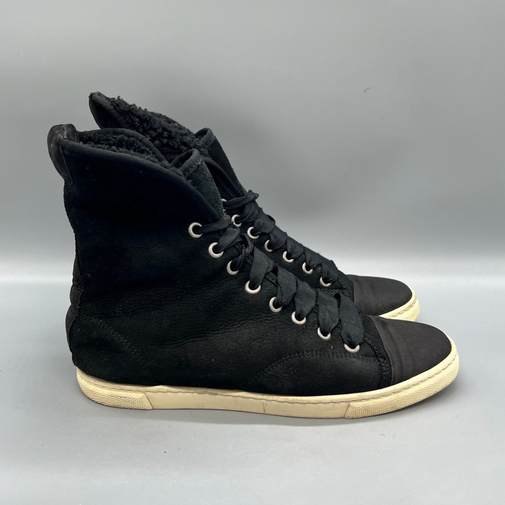 Lanvin Shoes Womens 7 Black Suede Shearling Lined Cap Toe Lace Up High Sneakers